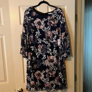 NWT Floral Navy and Blush Bell-Sleeve Women's Dress